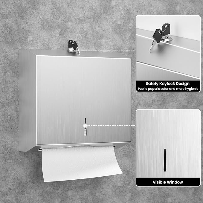 Paper Towel Dispenser Wall Mount -Commercial C Fold/Multi-fold/Tri-fold,Stainless Steel Bathroom Hand Towel Dispenser with Lock Design