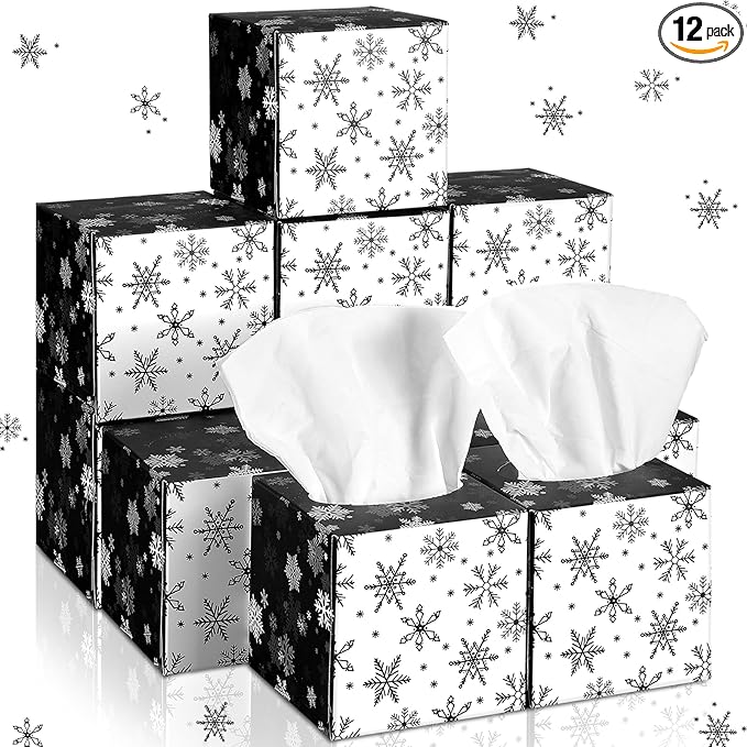 Bencailor 12 Pack Snowflake Facial Tissues Cube Boxes Winter Christmas Tree Square 600 Sheets 3 Ply Small Tissues Cube Boxes for Home Car Accessories(Black and White,Snowflake)