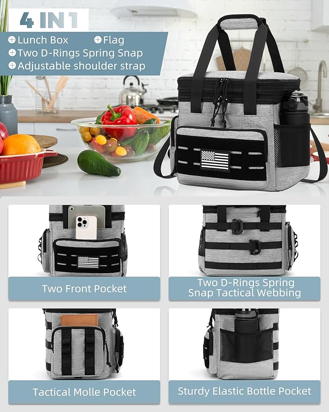 Tactical Lunch Bag & Lunch Box for Men - Large Double Deck Expandable Insulated Soft Adult Lunchbox for Work - Cooler Bag for Beach, Picnic, Camping,Outdoor，Travel (Gray,16L)