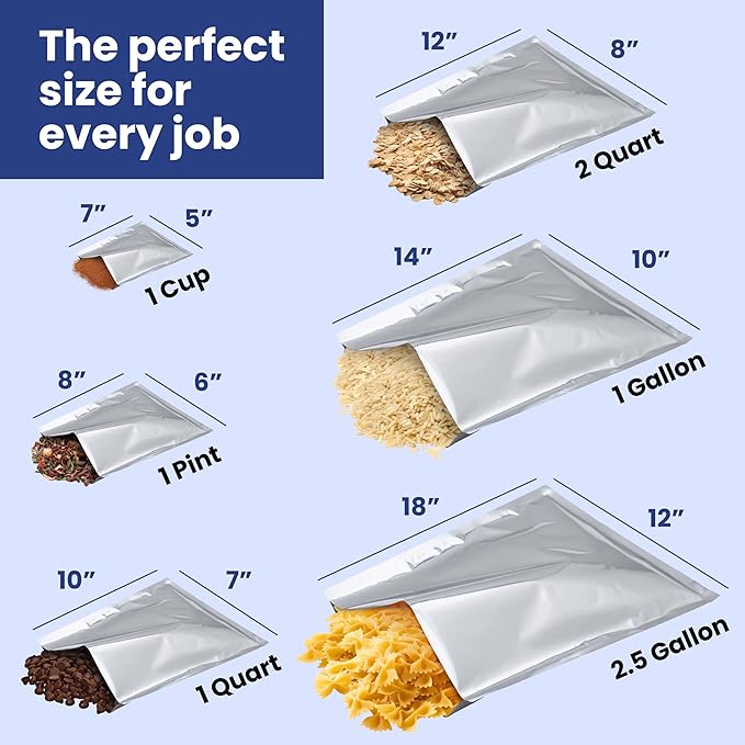 Wallaby 50 Count 2-Quart Mylar Bags with Labels, 10 Mil Total Thickness Long-Term Food Storage Pouches, 8x12 Heat-Sealable Airtight Packaging - Silver