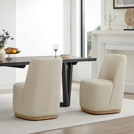 CHITA Upholstered Rolling Dining Chair on Casters Set of 2, FSC Certified Modern Fabric Dining Chair with Casters, Boucle Dining Chairs for Reading Room Waiting Room Kitchen Dining Room, Oatmeal
