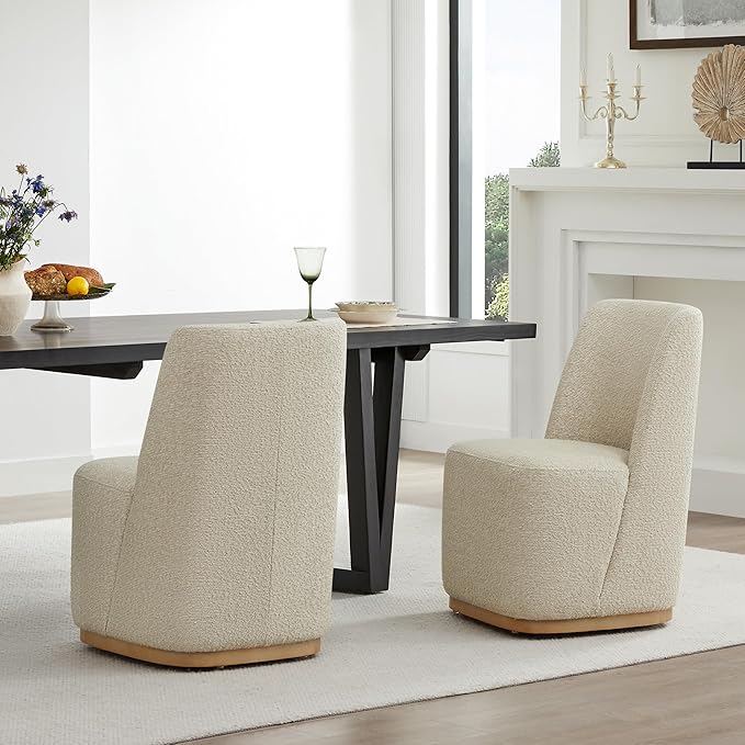 CHITA Upholstered Rolling Dining Chair on Casters Set of 4, FSC Certified Modern Fabric Dining Chair with Casters, Boucle Dining Chairs for Reading Room Waiting Room Kitchen Dining Room, Oatmeal