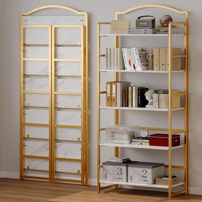 JSB No Assembly Folding Bookshelf, 5 Tier Book Shelf for Storage, Vintage Wood Foldable Bookcase for Living Room, Bedroom, Office Organization Shelves