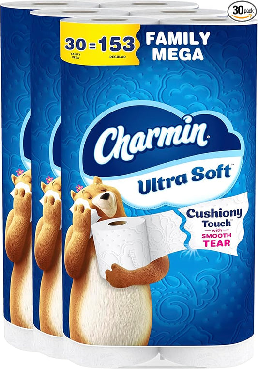 Charmin Ultra Soft Cushiony Touch Toilet Paper, 30 Family Mega Rolls = 153 Regular Rolls (Packaging May Vary)