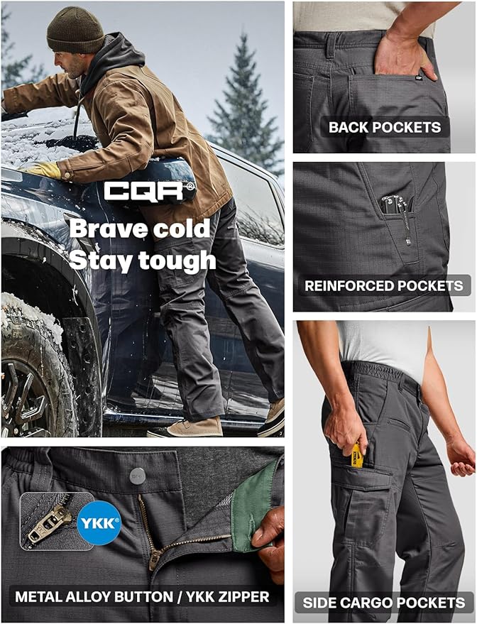 CQR Men's Winter Tactical Cargo Pants, Thermal Fleece Lined Outdoor Snow Ski Hiking Work