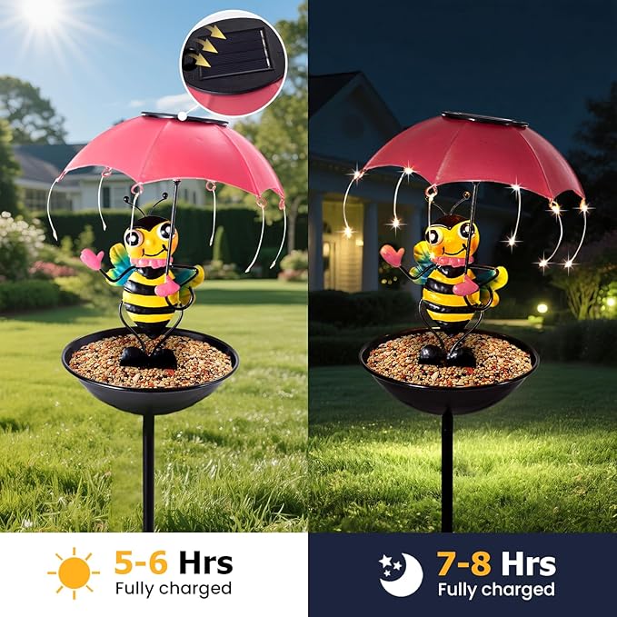 Bird Feeder Solar Garden Decor, Waterproof Bee Metal Wildbird Cardinals Hummingbirds Feeders with LED Lights, Gifts for Mom Grandma Bird Lovers Outdoor Path Yard Decoration