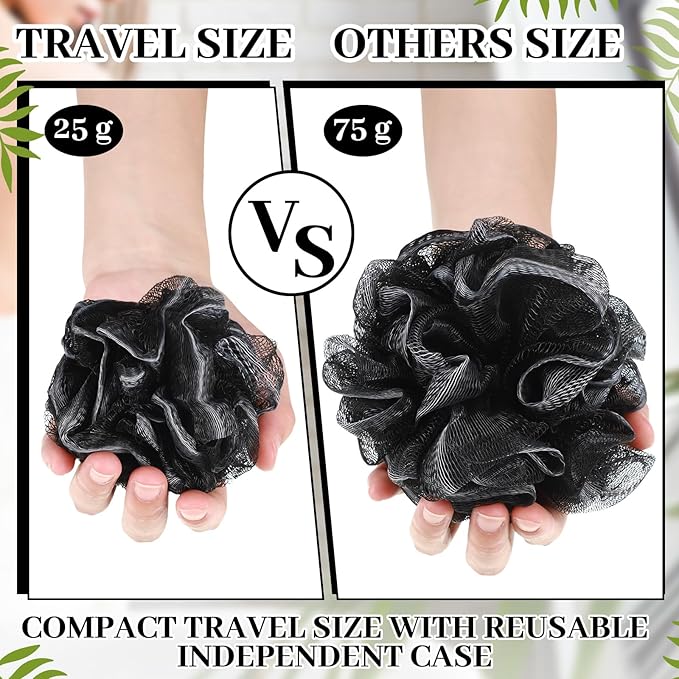 12 Pcs Travel Size Loofah Individually Wrapped, Small Shower Puff Bath Sponge Pouf Ball Bulk Mesh Bath Puff Mini Loofah Sponge with Case Bulk for Shower Care (25g,Black)