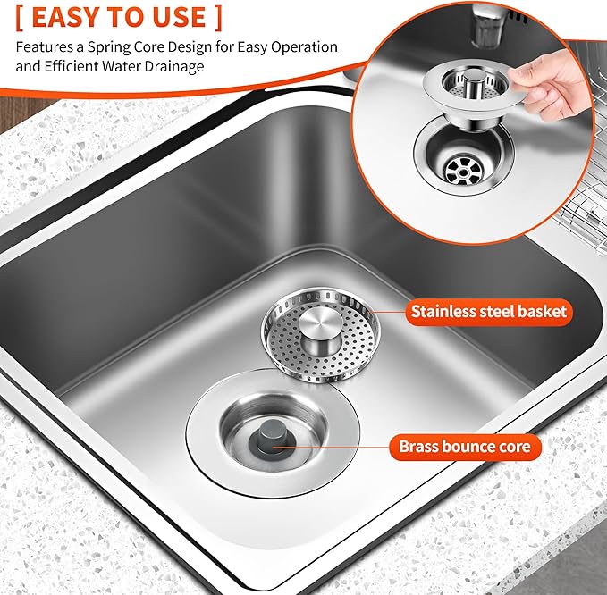 3-in-1 Kitchen Sink Drain Strainer with Bounce Core - Universal Stainless Steel Drain Stopper，Easy to Install & Clean, Upgraded Design
