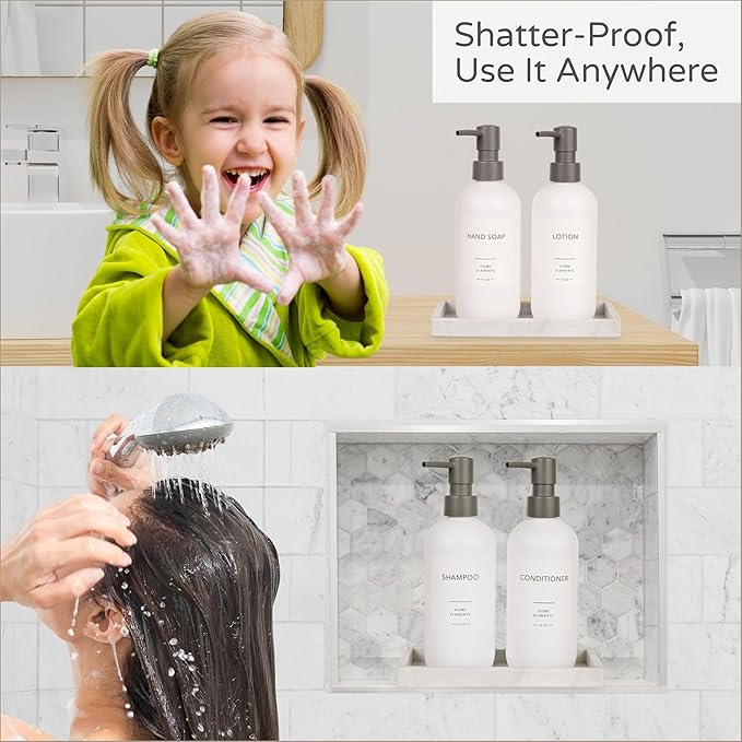 Plastic Soap Dispenser Set - PET Plastic Dish Soap Dispenser for Kitchen, Hand Soap Lotion Bottles with Pump Dispenser for Bathroom, Includes 8 Waterproof Labels and Silicone Tray, 16 oz