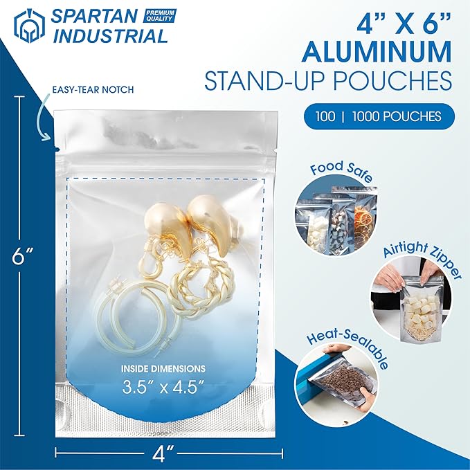 Spartan Industrial - 4" X 6" Aluminum Stand-Up Pouches - Pack of 100 Resealable Smell-Proof Bags for Food, Wax Melts, Lip Gloss Packaging, and More