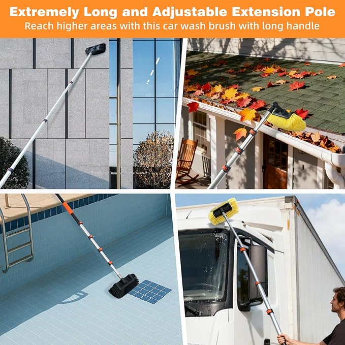 12FT Car Wash Brush with Long Handle Telescopic Pole Car Cleaning Tool with 12" Soft Bristle and Hard Bristle Wash Equipment Kit for Car Truck House Floor Glass Roof Solar Panels