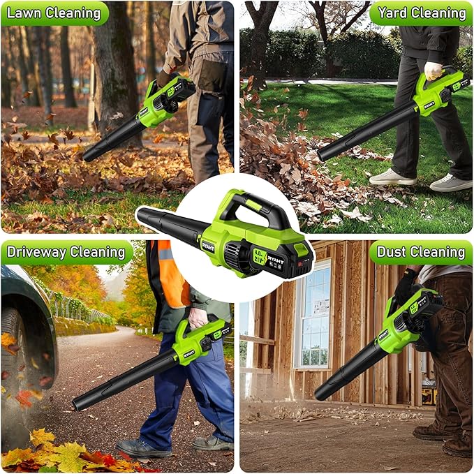 RYAHT Leaf Blower Cordless, 21V Powerful Electric Leaf Blower with 2 X 4.0Ah Batteries and Charger, 2 Speed Modes, Handheld Lightweight Leaf Blowers for Lawn Care, Patio, Dust, Blowing Leaves, Green