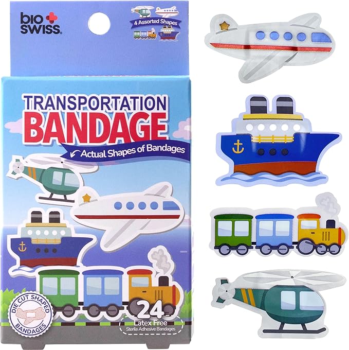 BioSwiss Kids Bandages, Transportation Shaped Self Adhesive Bandage Set, Latex Free, Sterile Wound Care, 24 Count