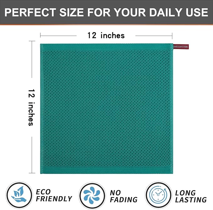 Kitinjoy 100% Cotton Kitchen Dish Cloths, 6 Pack Waffle Weave Ultra Soft Absorbent Dish Towels for Drying Dishes Quick Drying Kitchen Towels Dish Rags, 12 X 12 Inches, Teal