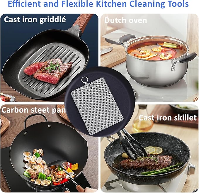 316L Stainless Steel Cast Iron Scrubber Cleaner,Chain Mail Scrubber with Silicone Insert for Cast Iron Skillet, Cleaning Steel Skillet, Wok, Carbon Steel (10CM*12CM)