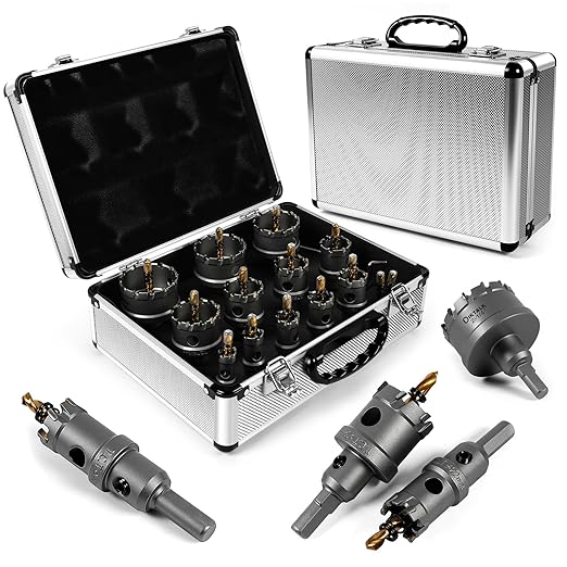 16pc Carbide Hole Saw Kit, Hole Drill Bit Set for Metal/Wood/Steel/Iron/Plastic, with 2*Detachable Pilot Drill Bits and 2*L-Wrench