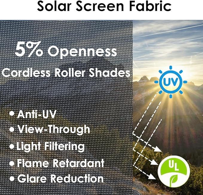 Cordless Roller Shades for Windows,Light Filtering Pull Down Blinds,Solar Screen Door Blinds,Flame Retardant UV Protection Fabric for Home Office (26" W x 72" H,Solar Black)