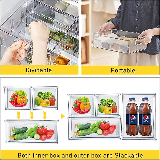 4 Pack Refrigerator Organizer Bins with Pull-out Drawer Stackable Clear Fridge Drawer Organizer Fruit Vegetable Storage Containers for Kitchen Pantry Organization (1 Large+1 Tall+2 Small)