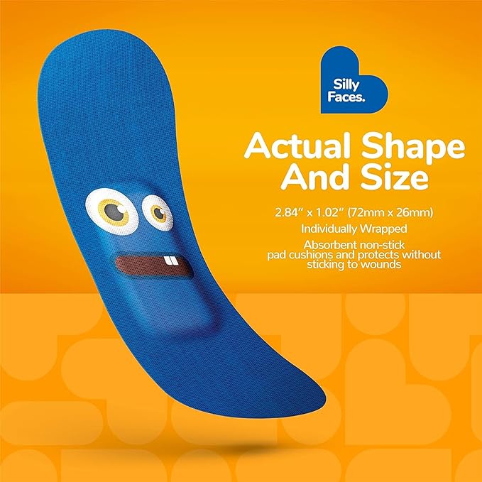 BioSwiss Kids Bandages, Silly Faces Shaped Self Adhesive Bandage Set, Latex Free, Sterile Wound Care, 50 Count
