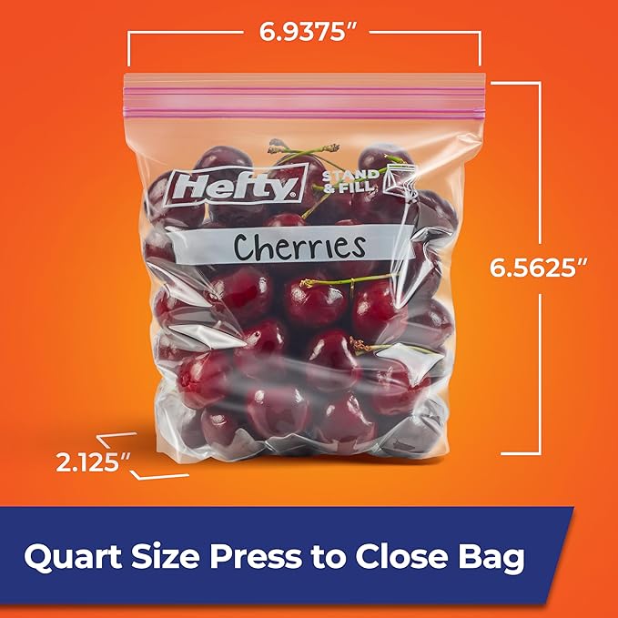 Hefty Press to Close Plastic Bags for Food Storage, Quart Size, 25 Count