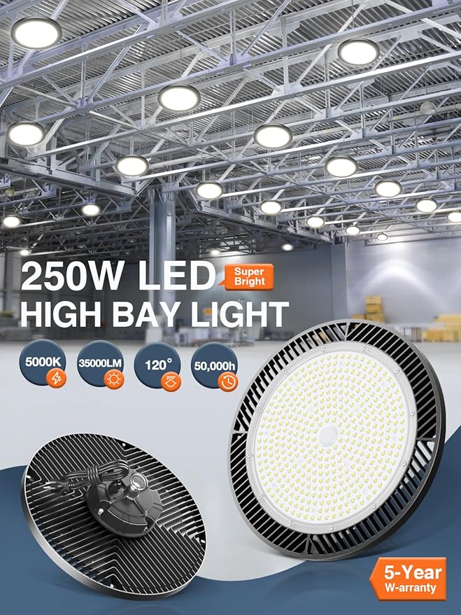 Super Bright 250W 35000LM 8pack UFO LED High Bay Light,5000k High Bay LED Shop Lights with Plug 5ft Cable Hanging Hook Safe Rope, Shop Lights for Garage Factory Workshop Warehouse Barn