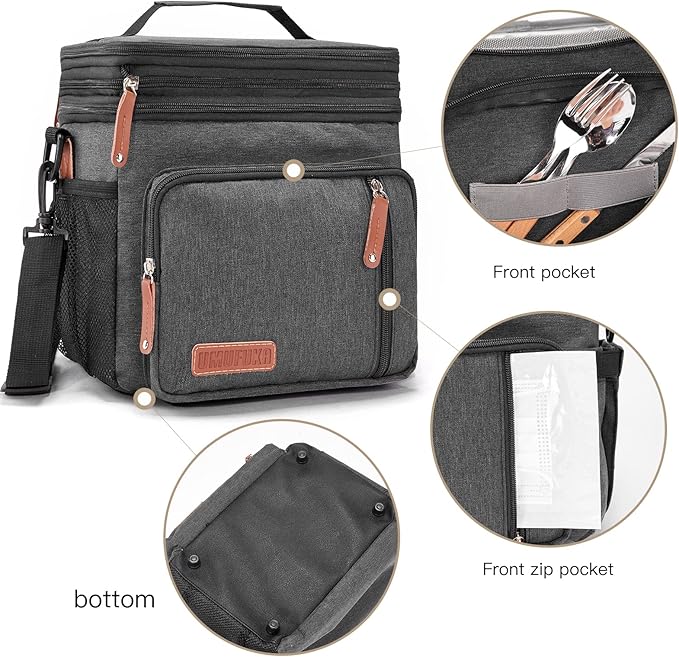 Men's Double/Women's Compartment Lunch bag, Insulated Lunch Cooler Tote 2 Roomy Large Reusable Water-resistant Lunch box (black)