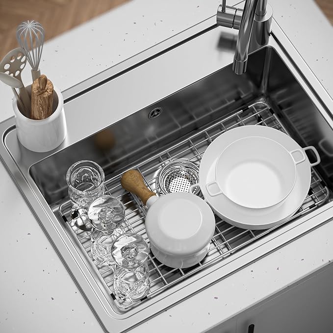 Large Metal Sink Rack 27-9/16" X 14-9/16",Sink Protector for Kitchen Sink,Stainless Steel Sink Grid for Bottom of Sink,Sink Grate with Rear Drain Hole for Single Bowl with Strainer,1 Pack