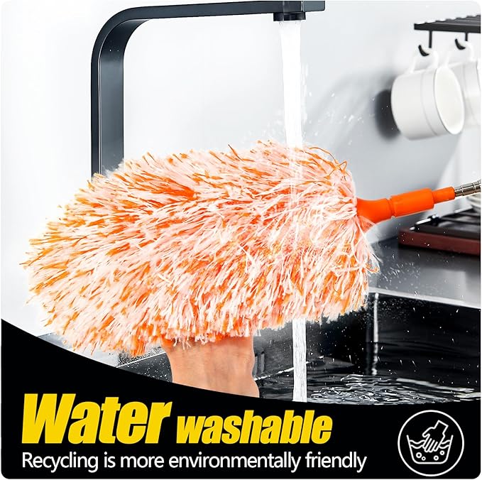 20-49inches Extendable Microfiber Feather Duster with 10pcs Replaceable Heads, Extra Long Bendable Duster for Cleaning, Electrostatic Dust Remove for Furniture, Ceiling, Window,etc (Orange)
