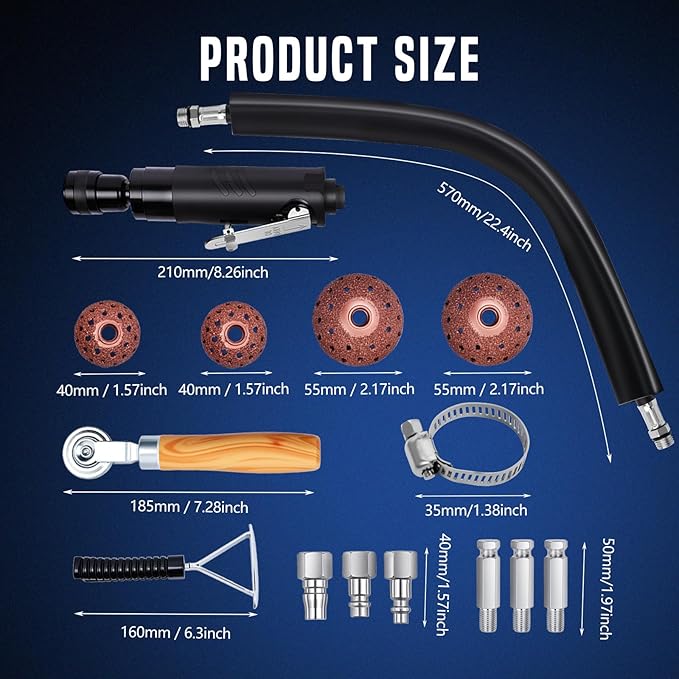 Air Tire Repair Polish Patch Tools, Includes 2500 RPM Low Speed Air Tire Buffer, Inner Liner Scraper, Patch Roller, Tungsten Steel Buffing Wheel with 3 Connector for Tire Grinding Polishing
