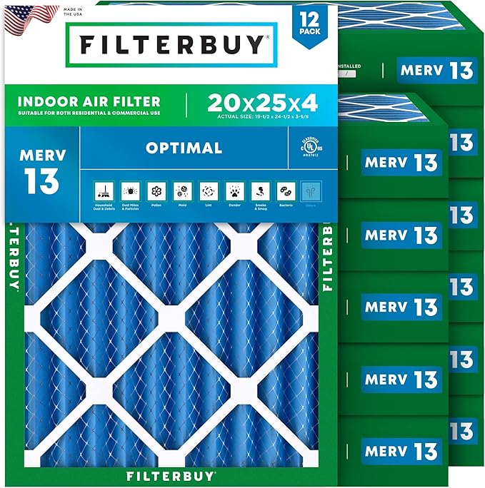 Filterbuy 20x25x4 Air Filter MERV 13 Optimal Smoke & Allergy Defense (12-Pack), Electrostatic Pleated HVAC AC Furnace Filters Replacement, Made in USA (Actual Size: 19.50 x 24.50 x 3.63)