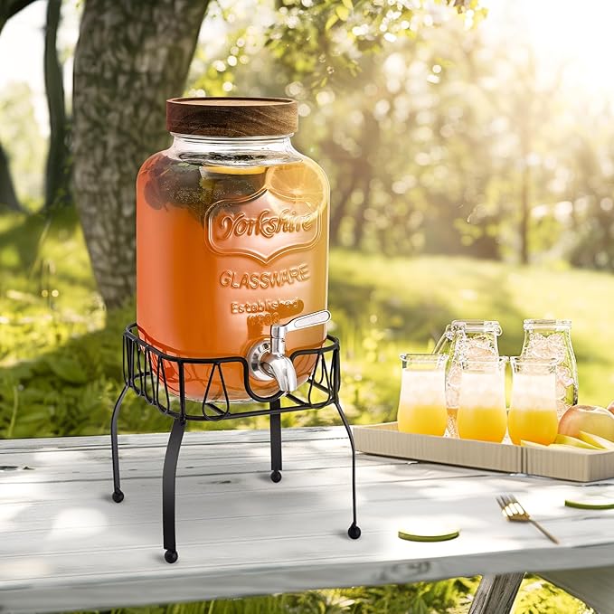 Mustry Glass Drink Dispenser for Parties, 1 Gallon Beverage Dispenser with Stand and Spigot Solid Stainless Steel, Used as Lemonade Dispenser Sun Tea Jar Kombucha Jar