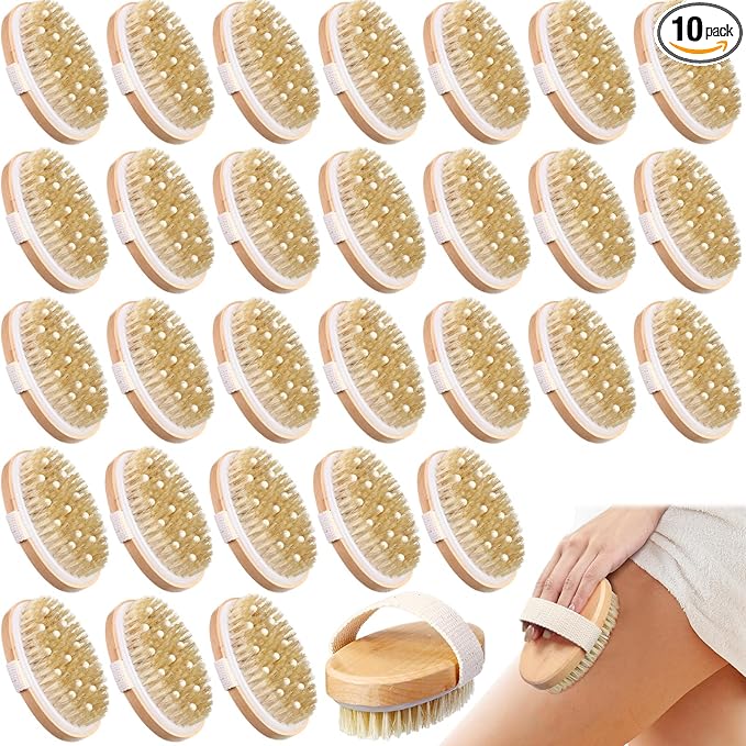 Gejoy 10 Pcs Dry Brushing Body Brush Exfoliating Brush with Massage Nodule Dry Skin Body Scrubber for Shower Bath Back Circulation Improvement Dead Skin Exfoliator (4.92 x 2.56 Inches,Wood Color)
