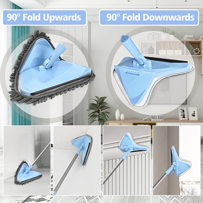 NEWE Wall Mop Cleaner with 80 Inches Long Handle, 180° Folding Ceiling Cleaning Tool with Squeegee, Triangle Baseboard Scrubber with 4 Chenille Duster and 2 Microfiber Pads for Washing Painted Walls