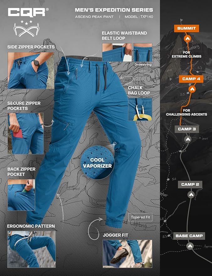 CQR Men's Lightweight Vent Hiking Pants, Water-Resistant & Breathable Sports Outdoor Athletic Pants with Elastic Waist
