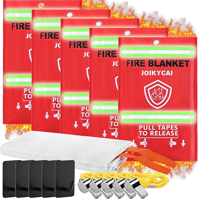 Fire Blankets Emergency For Home Survival Fire Blanket For Home And Kitchen Fire Suppression Blanket Fireproof Fiberglass Fire Safety Blanket RV Grill Fireplace Car Camping Hook Whistle 40"x40" 5 Pack