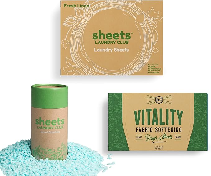 Sheets Laundry Club Bundle - 50 Pack (up to 100 loads) Fresh Linen Detergent Sheets, 40 Pack Free & Clear Dryer Sheets & 8 Oz. Sea Breeze Scent Booster - New Liquidless Technology