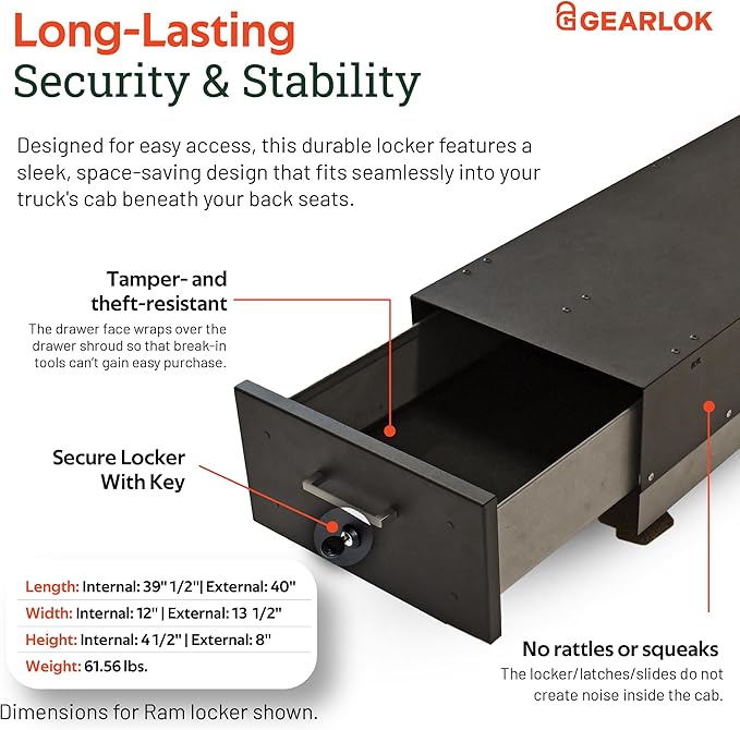 GearLok UnderSeat SideSlide Truck Locker – Secure Under Seat Storage for Ram 1500 Trucks – Lockable Truck Organizers and Storage for Tools, Ammo and Equipment (Fits 39.5"x12"x4.5" Interior)