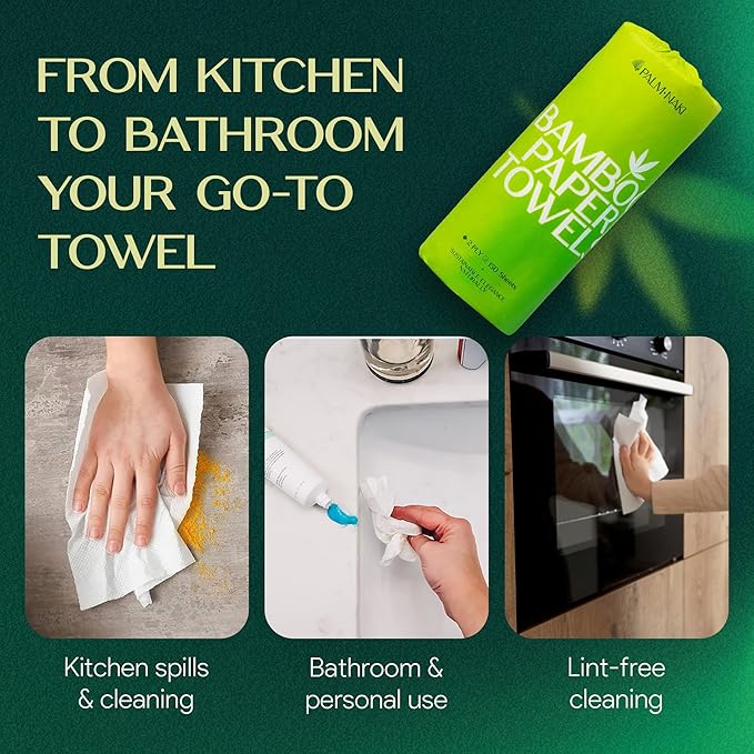 100% Bamboo Paper Towels | Lint-Free, Eco-Friendly, Tree-Free | 2-Ply Kitchen Paper Towel | Food Grade – FSC-Certified, BPA/PFAS-Free | 3 Mega Rolls – 150 Sheets/Roll | PALM NAKI