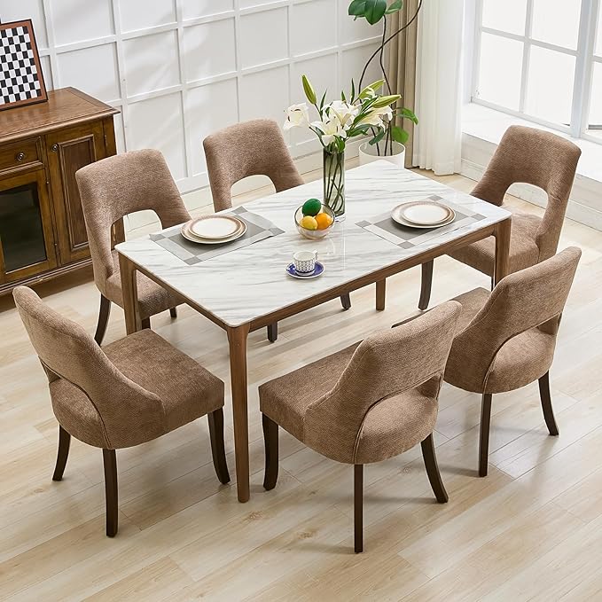 UVV Wooden Dining Chairs Set of 6, Mid Century Modern Upholstered Dining Room Chair Kitchen Chairs, Chenille Dinner Chair with Solid Wood Legs for Kitchen Dining Room, Khaki-Chenille