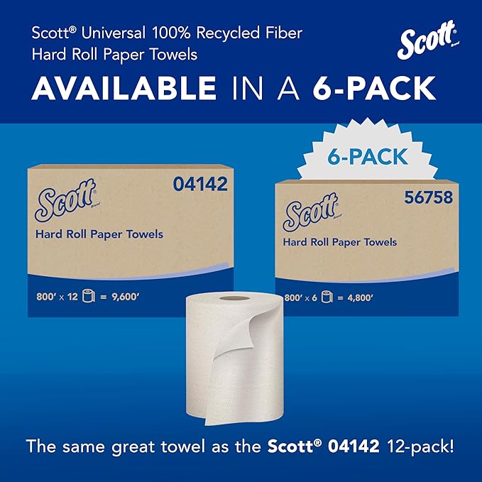 Scott Professional Universal 100% Recycled Fiber Hard Roll Paper Towels, Bulk (56758), Hardwound 1.5' Core, Absorbency Pockets, Compressed, Brown (6 Rolls at 800' Each, 4,800'/Case)