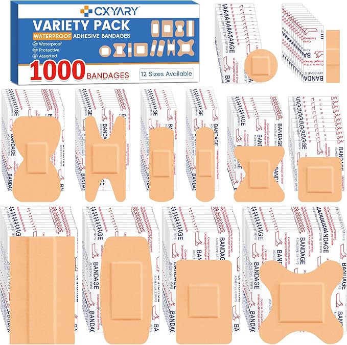 CXYARY 1000 Counts Assorted Bandages Bulk Variety Pack,12 Styles Flexible Fabric Heavy Duty Waterproof Bandages Individually Wrapped Used for Emergency Treatment and Skin Wound Care, Latex Free