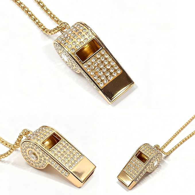 PCTC Shining Whistle,Crystal-Encrusted Metal Whistle with Decorative Chain Great for Referees, Coaches Party and Gift Accessory[Gold Exterior]