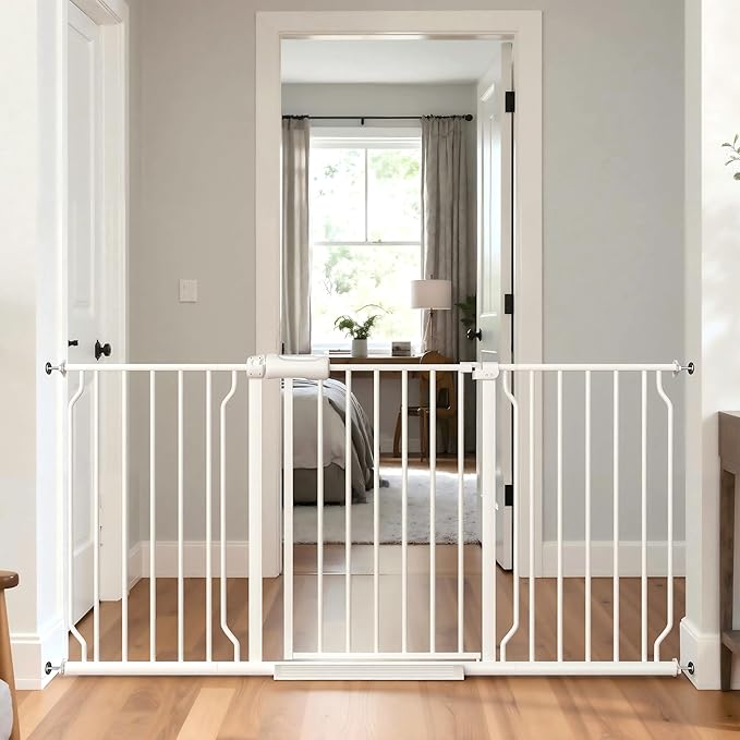 57.5"-62" Extra Wide Auto Closing Baby Safety Gate for Stairs & Doorways, Pressure Mounted No Drill Pet Gate with Walk-Through Door - Heavy Duty Childproof Gate for Toddlers, Kids, Dogs (White)