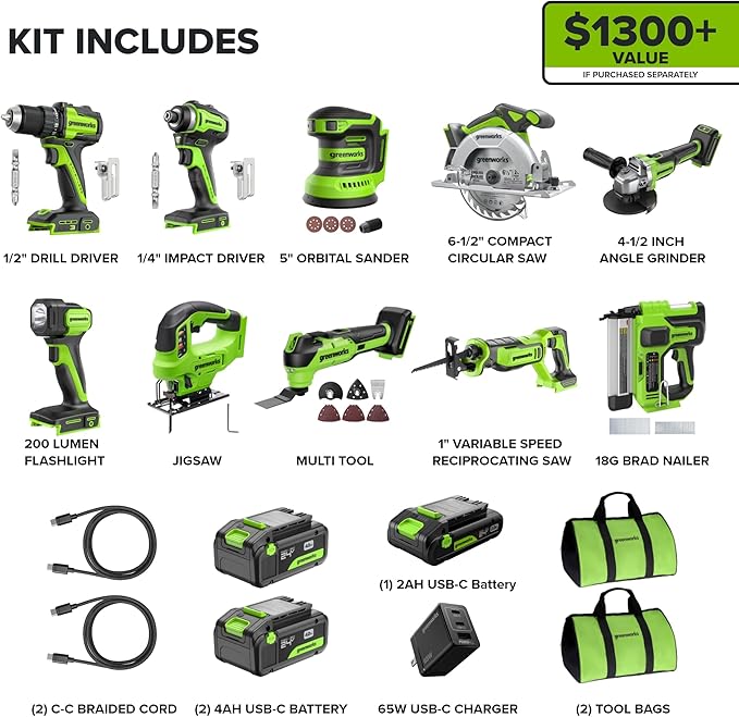 Greenworks 24V Brushless 10PC Power Tool Combo, Drill+Impact Driver+Circular Saw+Recip Saw+Jig Saw+Sander+Light+Multi-Tool+Nailer+Grinder (2) 4.0Ah+2.0Ah Batteries (24,000mAh Power Bank) USB-C Charger