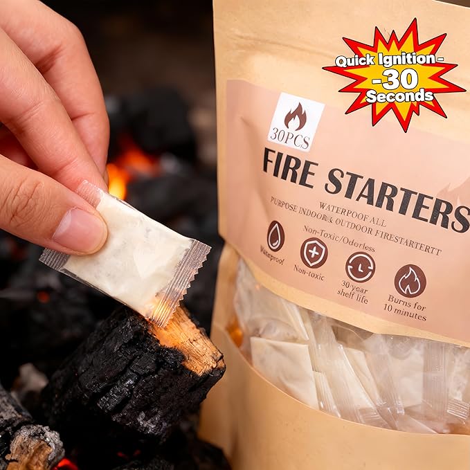 (30 Pcs/Bag) Quick Instant Fire Starter, Waterproof All-Purpose Indoor & Outdoor Firestarter,for Charcoal,Fireplace, Campfire, Wood Stove Odorless，BBQ and Non-Toxic