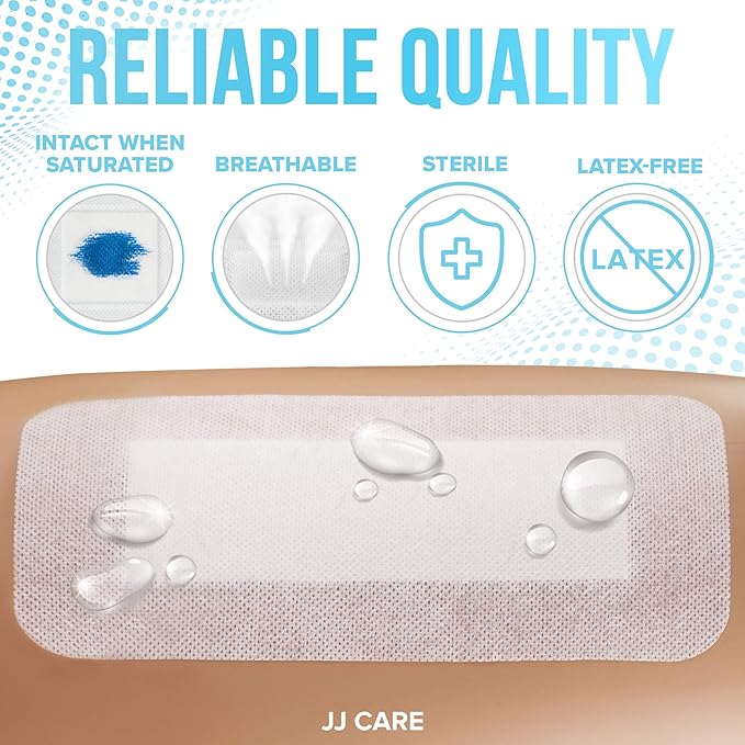 JJ CARE Waterproof Adhesive Island Dressing [Pack of 50], 4" x 10" Sterile Bordered Gauze, Breathable Island Wound Dressing, Individually Wrapped Adhesive Gauze Bandages with Non-Stick Central Pad