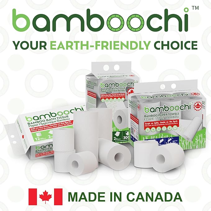 Bamboo Toilet Paper, Septic Safe Toilet Paper 2 Ply 12 Rolls 300 Sheets Per Roll, Soft Unscented Bath Tissue, RV Safe, Eco-Friendly, Non Chlorine, PFAS Free, Made in Canada