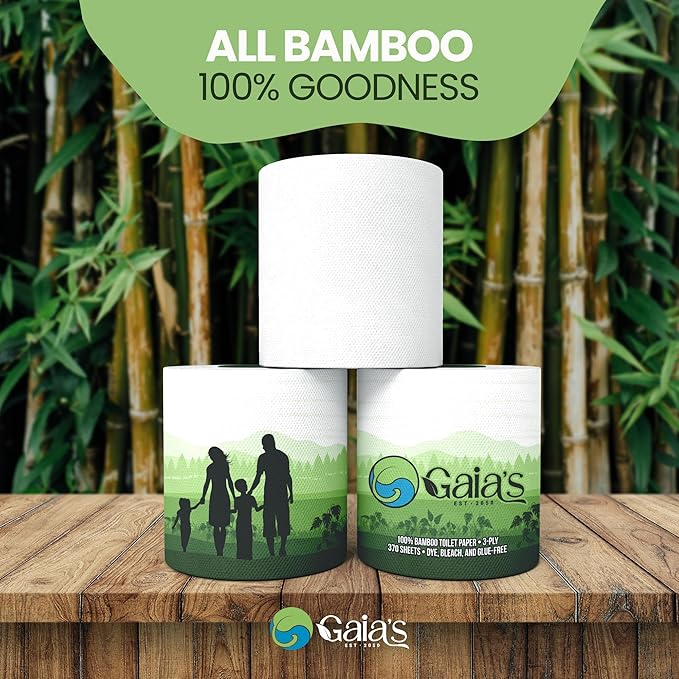 Gaias Premium and Soft Organic Bamboo Toilet Paper | 48 Mega Rolls, 3 Ply, 370 Sheets | FSC Certified, PFAS & BPA Free, Eco-Friendly, Sustainable Tissue - Plastic Free, Septic Safe, Vegan
