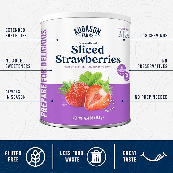 Augason Farms Freeze Dried Sliced Strawberries Can - Gluten Free Snack for Baking, Smoothies, and Emergency Storage - Healthy Individual Fruit Snacks – 6.5 Ounces (18 Servings)