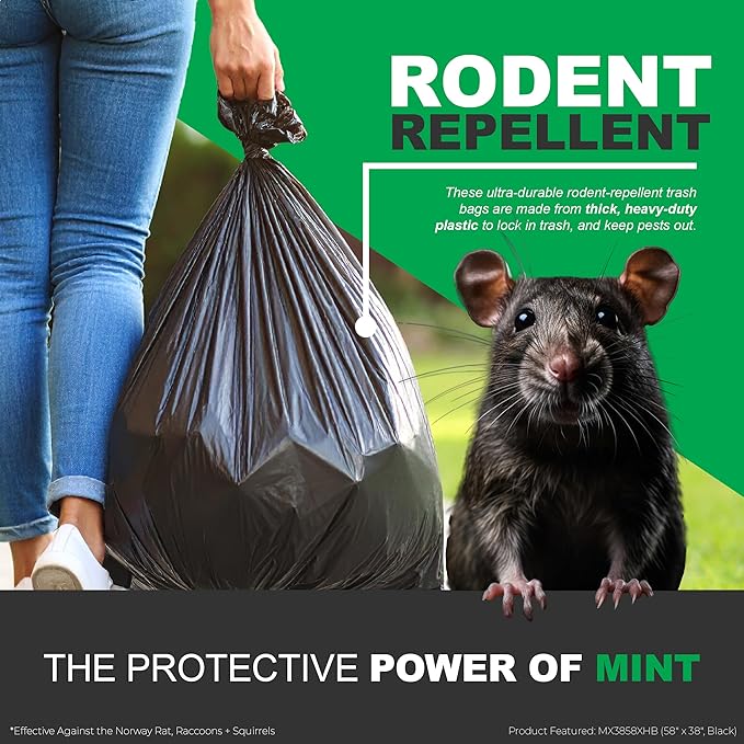 Mint-X Rodent Repellent Trash Bags, 1.3 Mil, Flat Seal, 47" Height x 43" Length, Black (Pack of 100)